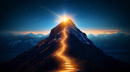 Path to success concept with glowing light path going up the mountain - obrazy, fototapety, plakaty