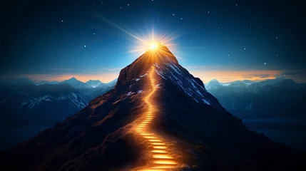 Foto op Plexiglas Path to success concept with glowing light path going up the mountain © MEHDI