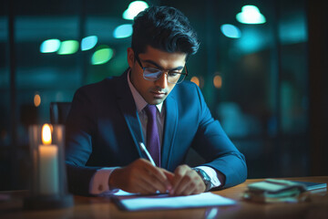 young indian businessman writing on some documents - obrazy, fototapety, plakaty