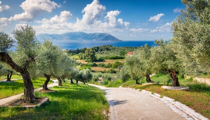 Fototapeta na wymiar fantastic summer view of olive garden wonderful countryside scene of corfu island greece europe beauty of countryside concept background