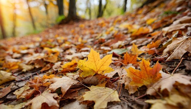 autumn forest maple leaves fall on ground background wallpaper generative ai