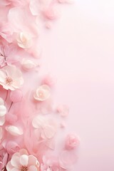 Banner with frame made of rose flowers on a pink background. Copy space, postcard concept for Women's Day