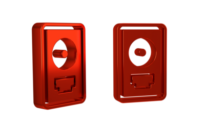 Red CD disk award in frame icon isolated on transparent background. Modern ceremony. Best seller. Musical trophy.