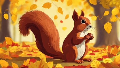 A cartoon squirrel sitting on leaves