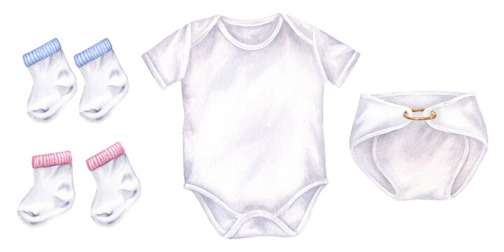 Baby clothes Set. Watercolor illustration of bodysuit with diaper and socks. Hand drawn clip art on white isolated background. Drawing of kids wear for shower party decorations