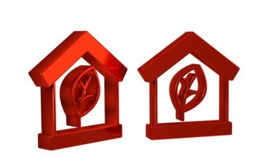 Red Eco friendly house icon isolated on transparent background. Eco house with leaf.
