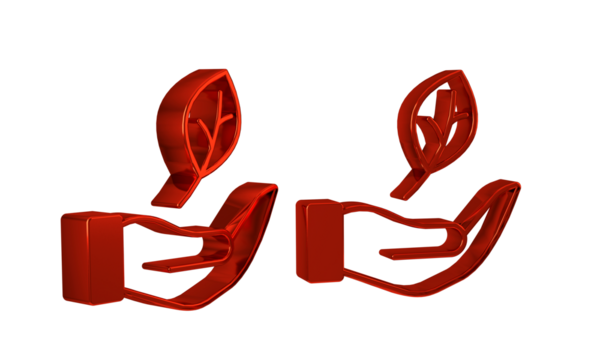 Red Hand hold a leaf of the plant icon isolated on transparent background. Care nature. Leaf shoots with environmental protection.