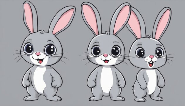 Three cartoon bunnies with big eyes and pink ears
