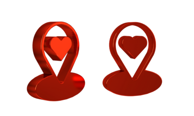 Red Map pointer with heart icon isolated on transparent background. Valentines day. Love location. Romantic map pin.