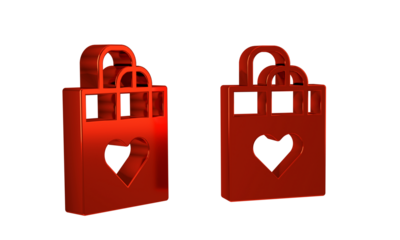Red Shopping bag with heart icon isolated on transparent background. Shopping bag shop love like heart icon. Happy Valentines day.