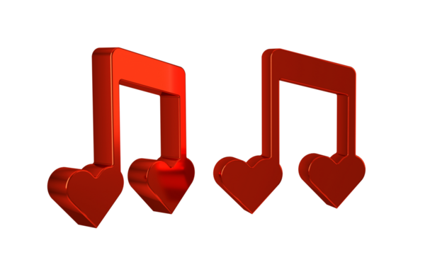 Red Music note, tone with hearts icon isolated on transparent background. Happy Valentines day.