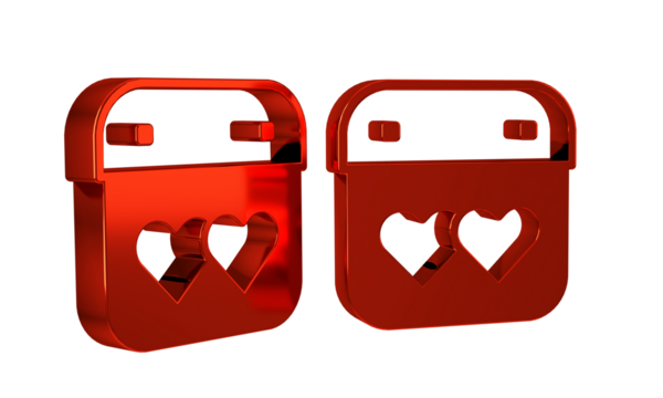 Red Calendar with heart icon isolated on transparent background. Valentines day. Love symbol. February 14.