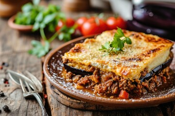 Moussaka Magic: Revel in the Culinary Tapestry of Greece with This Oven-Baked Delight &ndash; Layers of Eggplant, Minced Meat, B&eacute;chamel Sauce, and Rich Mediterranean Spices
