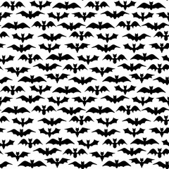 Halloween Bat Seamless Pattern. Vector Repeat Background with Black Bat Silhouettes. Mystical Horror Pattern Design. Hand Drawn Halloween Motif for Fabric, Surface Design.