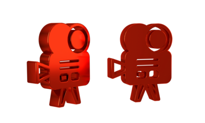 Red Retro cinema camera icon isolated on transparent background. Video camera. Movie sign. Film projector.