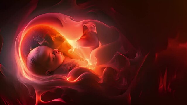 Human fetus in the womb prior to birth, approx. 12 - 16 weeks after conception. Human fetus baby concept inside pregnant woman's belly. Unborn baby embryo during pregnancy space for text mp4