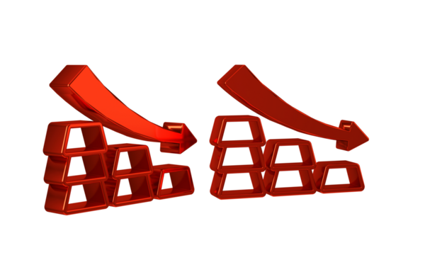 Red Finance falling chart arrow with gold bars icon isolated on transparent background. Financial success concept. Gold investment concept.