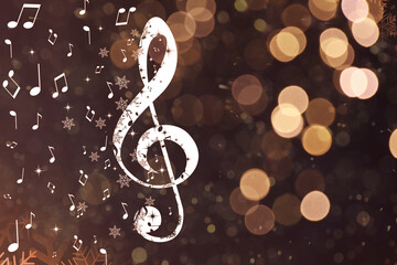 Treble clef, music notes and snowflakes against blurred background, space for text. Bokeh effect