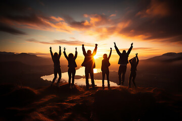 hikers celebrating success on top of a hill in the sunset - obrazy, fototapety, plakaty