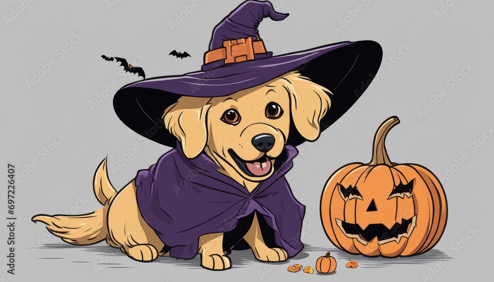 Poster A dog in a witch's hat and cape next to a pumpkin