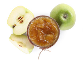 Glass jar of delicious apple jam and fresh fruits isolated on white, top view