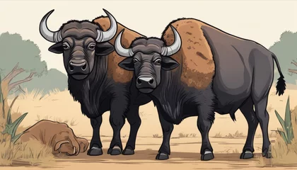 Tuinposter Buffel Two buffalo standing in a field