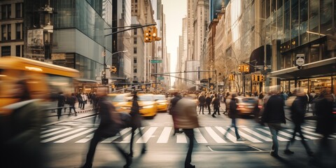 Busy urban intersection with pedestrians and traffic in motion. City life and transportation.