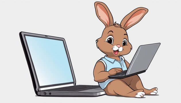 A cartoon rabbit using a laptop