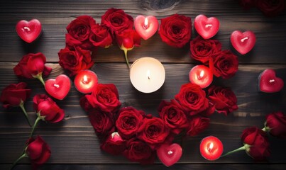 Heart of red roses and a burning candle on a dark wooden background