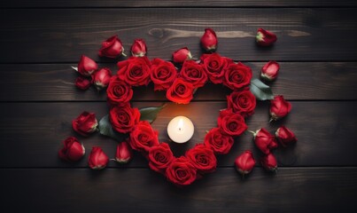 Valentine's Day background with red roses and candles on wooden table