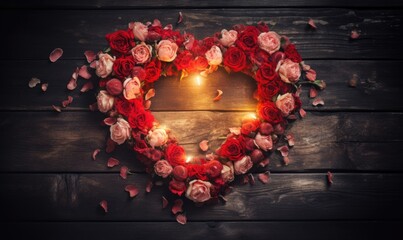 Red roses and candles on wooden background. Valentines day concept.
