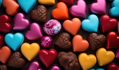 Fototapeten Colorful heart shaped candies for valentine's day background. Chocolate candies in the form of hearts on a black background © TheoTheWizard