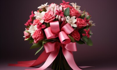 Bouquet of flowers with pink ribbon on a black background.