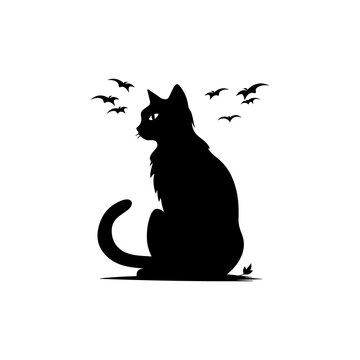 Flat Halloween illustration of cat in black color on white background vector