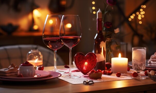 Romantic dinner table setting with candles and heart on wooden table in restaurant