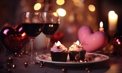 Naklejka na ściany i meble Glasses of wine and delicious cupcakes on table, closeup