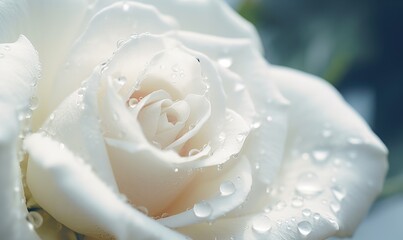 Beautiful white rose with water drops on petals close-up