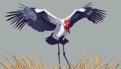 A bird with a red beak and black wings is flying over a field of tall grass