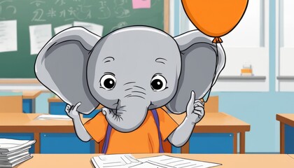 A cartoon elephant with a balloon in its trunk - obrazy, fototapety, plakaty