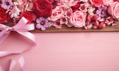 Pink roses and ribbons on a pink wooden background with copy space