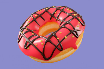 Chocolate glazed donut with sprinkles on a violet background