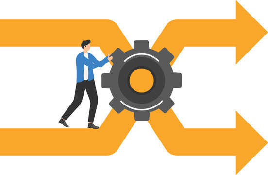Change management, professional or expertise to manage company transformation or implement new process concept, businessman staff team help turn gear cog to manage change direction arrows.

