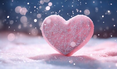 Fototapeta premium Pink heart on snow background with bokeh and snowflakes. Valentine's day concept background