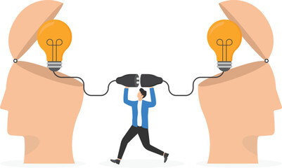Communication for success, connect idea or understanding, agreement or solving problem together, cooperation or collaboration concept, businessman connect to bright up lightbulb idea on human head.

