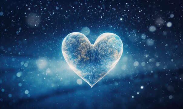 Heart shaped object against snowy landscape with fir trees in the forest at night