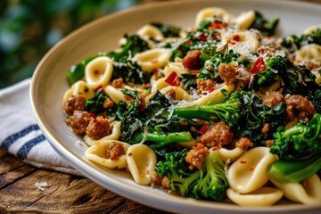 Culinary Symphony: Experience the Homely Elegance of Orecchiette with Broccoli Rabe and Sausage, an Ear-Shaped Pasta Dish Celebrating the Rich Flavors of Italian Cuisine and the Art of Homemade Cookin - obrazy, fototapety, plakaty