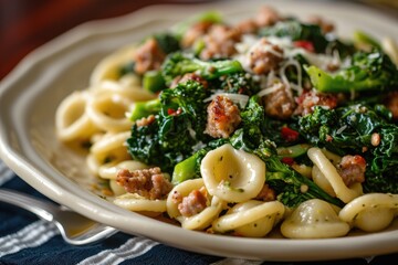 Culinary Symphony: Experience the Homely Elegance of Orecchiette with Broccoli Rabe and Sausage, an Ear-Shaped Pasta Dish Celebrating the Rich Flavors of Italian Cuisine and the Art of Homemade Cookin