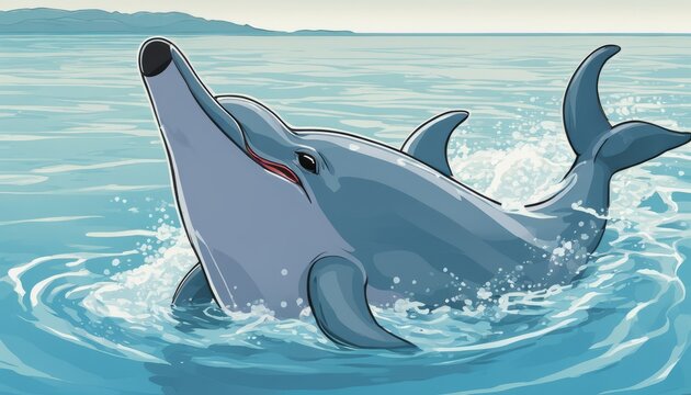 A cartoon dolphin swimming in the ocean