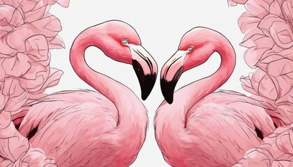 Two pink flamingos with black beaks and blue eyes