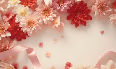 Top view of pink and white flowers on white background with copy space